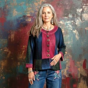 VTG Marled Colourblock Patchwork Art to Wear Snap Front Cardigan Wooden Buttons